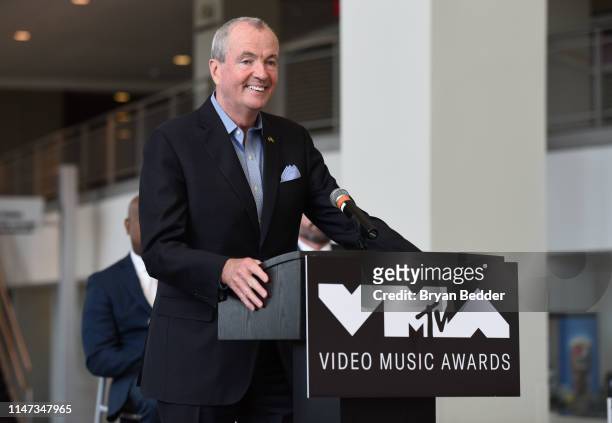 Governor, State of New Jersey, Hon. Phil Murphy speaks during MTV “VMAs” Press Conference at Prudential Center Plaza on May 06, 2019 in Newark, New...