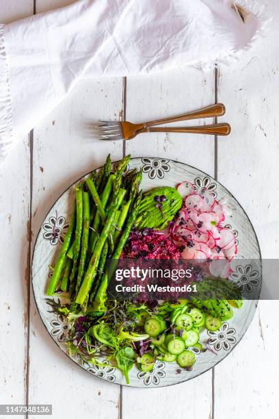 plate of springtime salad with green asparagus, red quinoa, avocado, red radishes, cucumber and sprouts - quinoa salad stock pictures, royalty-free photos & images