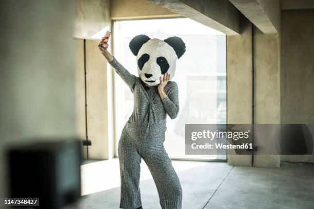 woman with panda mask standing in office, taking selfie - panda mamífero de quatro patas - fotografias e filmes do acervo