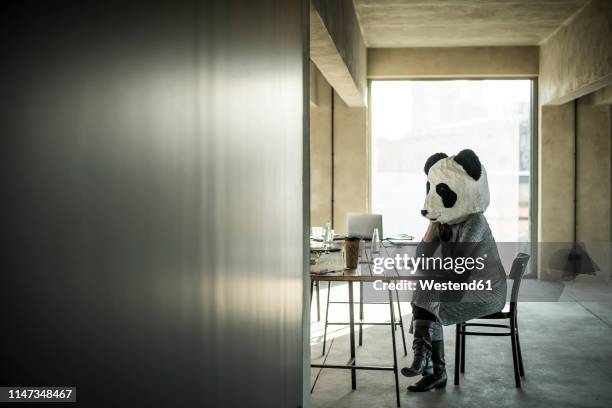 woman with panda mask sitting in office, thinking - bear suit stock-fotos und bilder