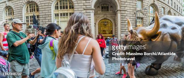 manhattan, lower manhattan, wall street, taking photos near the charging bull - charging bull statue stock pictures, royalty-free photos & images