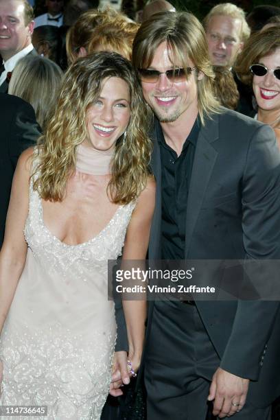 Jennifer Aniston and Brad Pitt arriving at the Shrine Auditorium in Los Angeles for the 54th Annual Primetime EMMY Awards 09/22/02