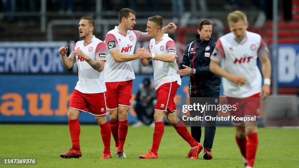 Sebastian Schiek of Foertuna Koeln celebrates the first goal with Thomas Broeker during the 3. Liga match between SC Fortuna Koeln and SV Meppen at...