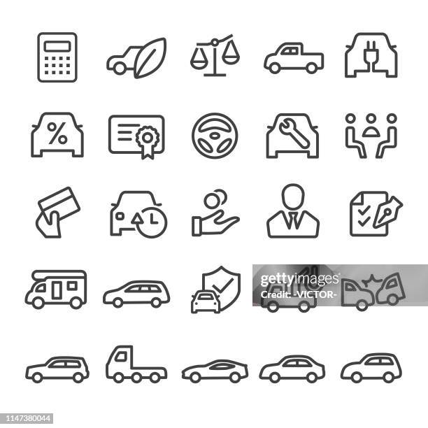 ilustrações de stock, clip art, desenhos animados e ícones de car dealership icons set - smart line series - suv