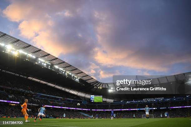 General view of the action inside the stadium during the Premier League match between Manchester City and Leicester City at Etihad Stadium on May 06,...