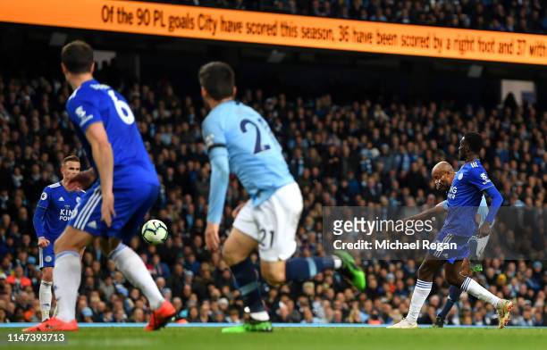 Vincent Kompany of Manchester City scores his team's first goal during the Premier League match between Manchester City and Leicester City at Etihad...