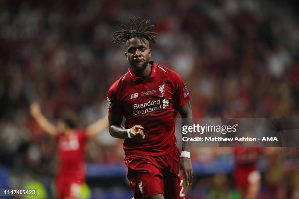 Divock Origi of Liverpool celebrates after scoring a goal to make it 0-2 during the UEFA Champions League Final between Tottenham Hotspur and...