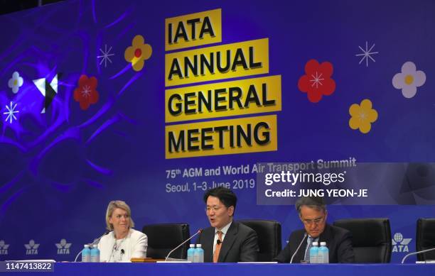 Walter Cho , chairman and CEO of Korean Air, presides over during the opening session of the annual general meeting of International Air Transport...
