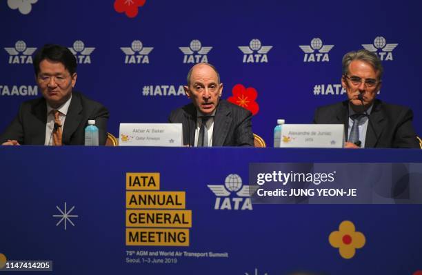 Qatar Airways chief executive Akbar Al Baker speaks as International Air Transport Association chief executive Alexandre de Juniac and Korean Air...