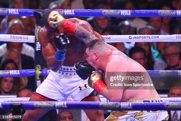 Andy Ruiz Jr of California hits Anthony Joshua of England during the second round of the World Heavyweight Championship fight on June 1, 2019 at...