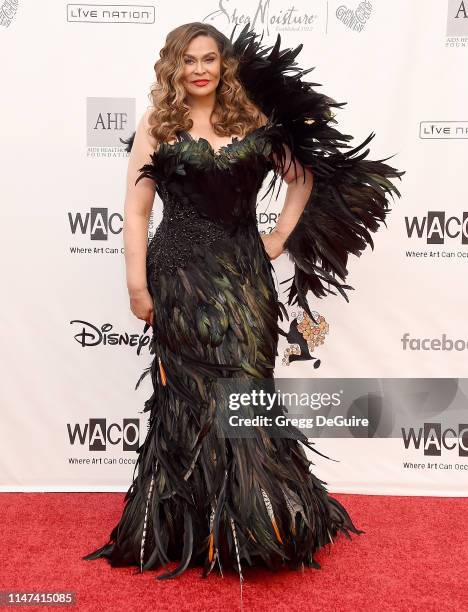 Tina Knowles-Lawson arrives at the WACO Theater Center's 3rd Annual Wearable Art Gala at The Barker Hangar at Santa Monica Airport on June 1, 2019 in...