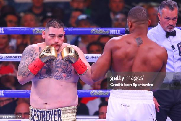Anthony Joshua of England battles Andy Ruiz Jr during the first round of the World Heavyweight Championship fight on June 1, 2019 at Madison Square...