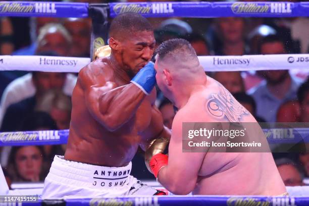 Anthony Joshua of England battles Andy Ruiz Jr during the first round of the World Heavyweight Championship fight on June 1, 2019 at Madison Square...