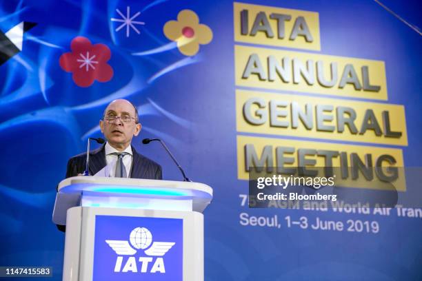 Akbar Al Baker, chief executive officer of Qatar Airways, speaks during the International Air Transport Association annual general meeting in Seoul,...