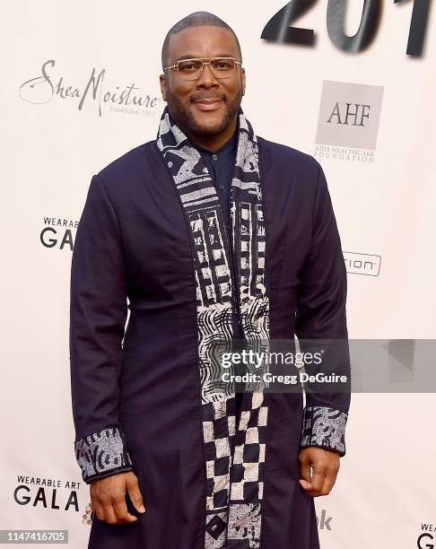 Tyler Perry arrives at the WACO Theater Center's 3rd Annual Wearable Art Gala at The Barker Hangar at Santa Monica Airport on June 1, 2019 in Santa...