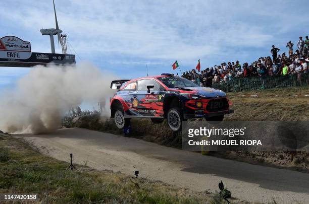 French driver Sebastien Loeb steers his Hyundai i20 Coupe WRC with Monegasque co-driver Daniel Elena during the SS17 stage of the Rally of Portugal...
