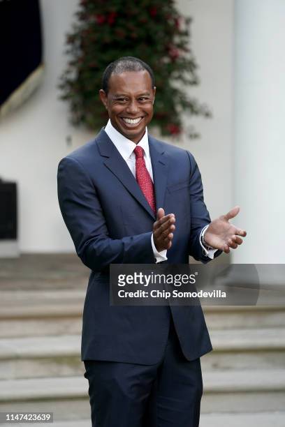Professional golfer Tiger Woods attends his Medal of Freedom ceremony in the Rose Garden at the White House May 06, 2019 in Washington, DC. U.S....