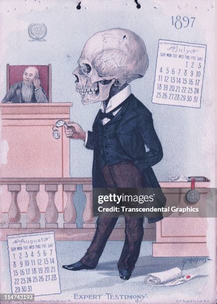 Calendar page issued by the Antikamnia Chemical company of St. Louis, featuring macabre skeletal art work by L. Cruzias, printed by Buek Litho, 1897.