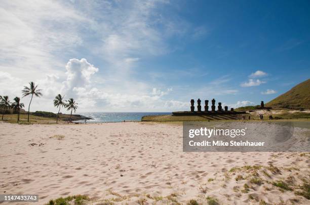 ahu nau nau on anakena beach, rapa nui/easter island, chile - easter island fotografías e imágenes de stock