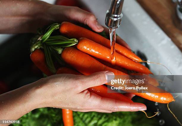 Women washes carrots on May 26, 2011 in Hamburg, Germany. German health authorities have announced they suspect cucumbers, tomatoes and salad grown...