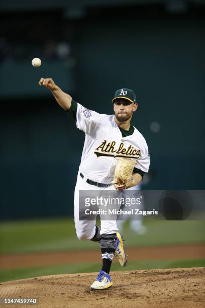 Marco Estrada of the Oakland Athletics pitches during the game against the Houston Astros at the Oakland-Alameda County Coliseum on April 16, 2019 in...