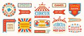 Circus labels. Carnival retro banner signs, vintage magic frames and arrows elements, welcome the show greetings. Vector circus signs