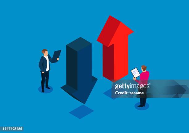businessman holding a clipboard studying the upward and downward arrows - finance and economy stock illustrations
