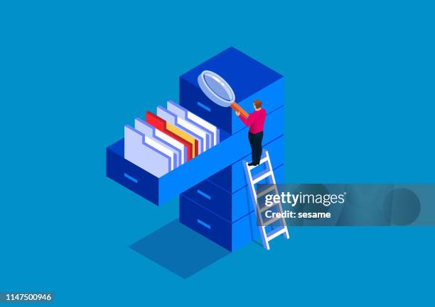 ilustrações de stock, clip art, desenhos animados e ícones de businessman holding magnifying glass looking for documents - armazém