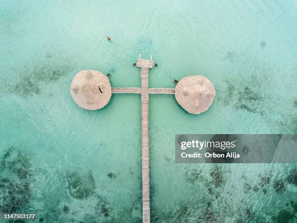 aerial shot of water bungalow - beach shelter stock pictures, royalty-free photos & images