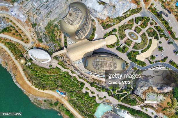 Aerial view of Nanjing honeycomb hotel at a themed park on May 6, 2019 in Nanjing, Jiangsu Province of China. The honeycomb hotel, covering an area...