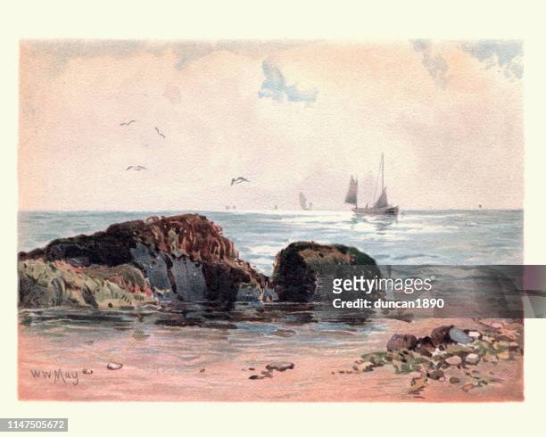 ilustraciones, imágenes clip art, dibujos animados e iconos de stock de arte, paisaje costal, rocas en aguas bajas, 19th siglo - vista marina