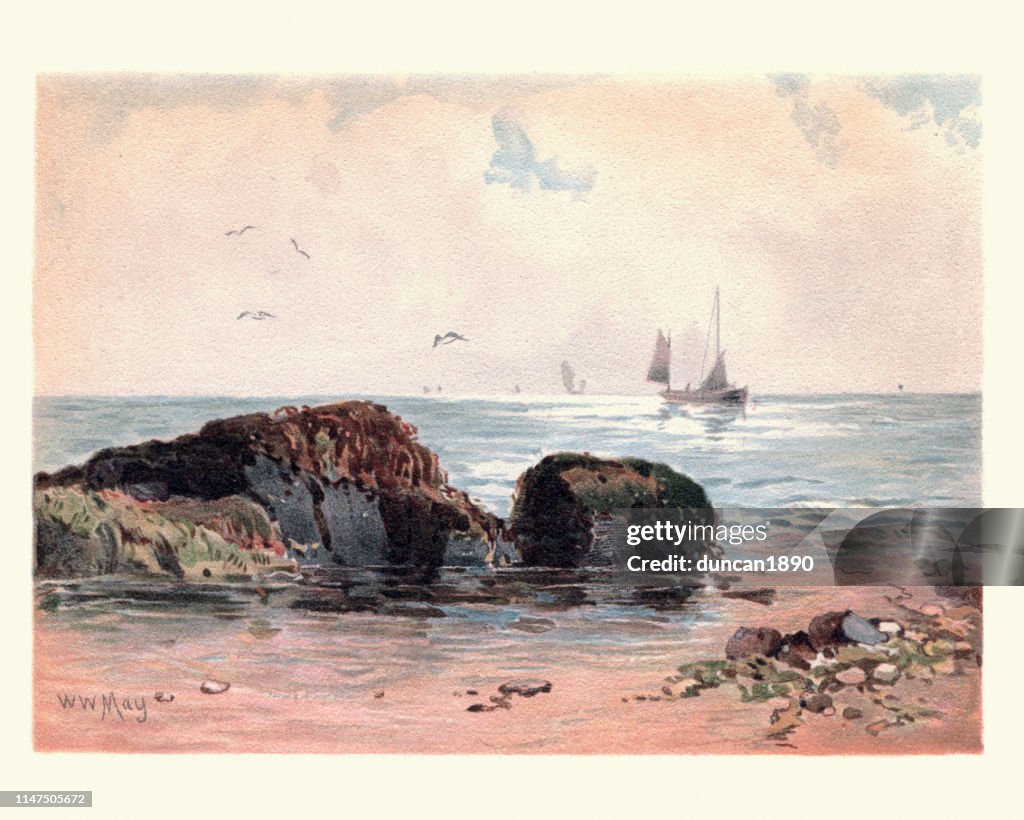 Art, Costal Landscape, Rocks at low water, 19th Century