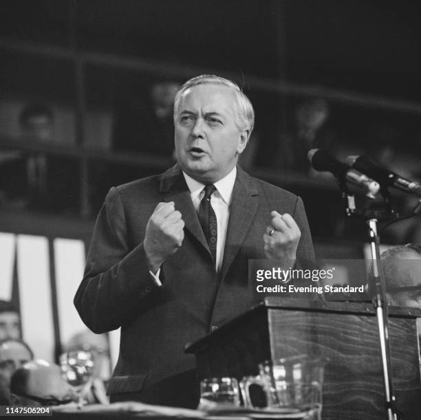 British Labour politician Harold Wilson talking at the Labour Party Conference, Brighton, UK, 3rd October 1969.