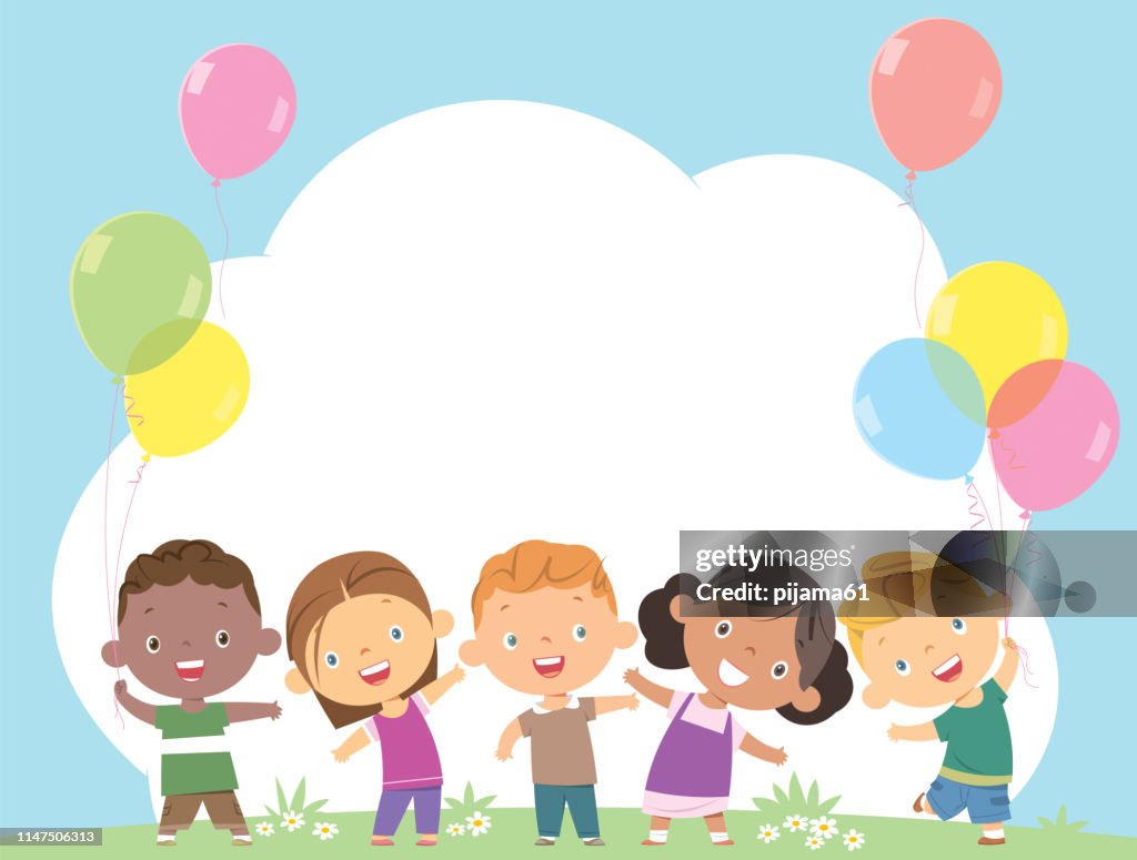 Happy children together and holding balloons