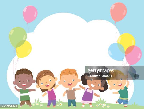 happy children together and holding balloons - school field background stock illustrations