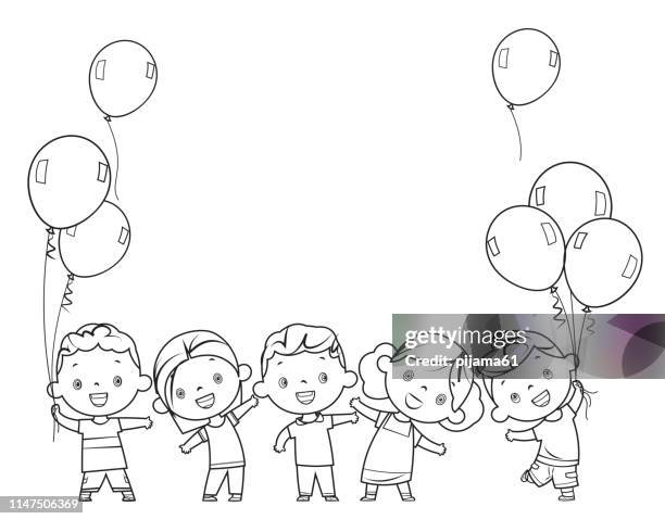 malbuch, glückliche kinder zusammen - paper balloon stock-grafiken, -clipart, -cartoons und -symbole