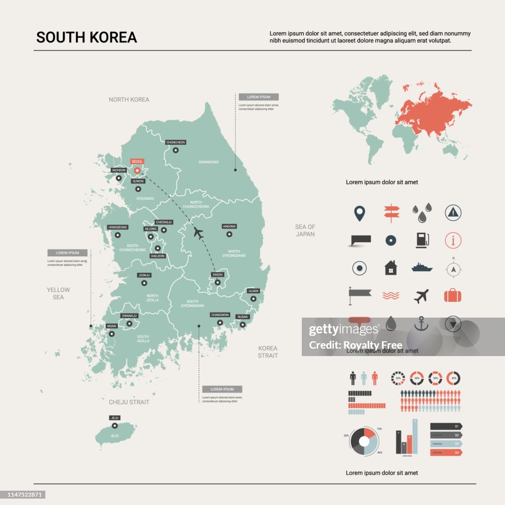 Vector Karte von Südkorea. Hochdetaillierte Landkarte mit Division, Städten und Hauptstadt Seoul. Politische Landkarte, Weltkarte, infographische Elemente.