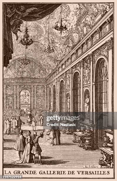 stockillustraties, clipart, cartoons en iconen met de hall of mirrors, 1684 door sebastien leclerc (1637-1714) (frans: grande galerie of galerie des glaces) is de centrale galerij van het paleis van versailles in versailles - versailles