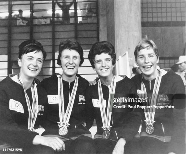 From left, Janet Simpson, Dorothy Hyman, Daphne Arden and Mary Rand, pictured together with their bronze medals after finishing in third place for...