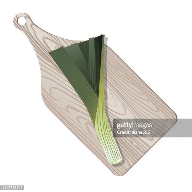 wooden cutting board with fresh leek - rustic kitchen stock illustrations