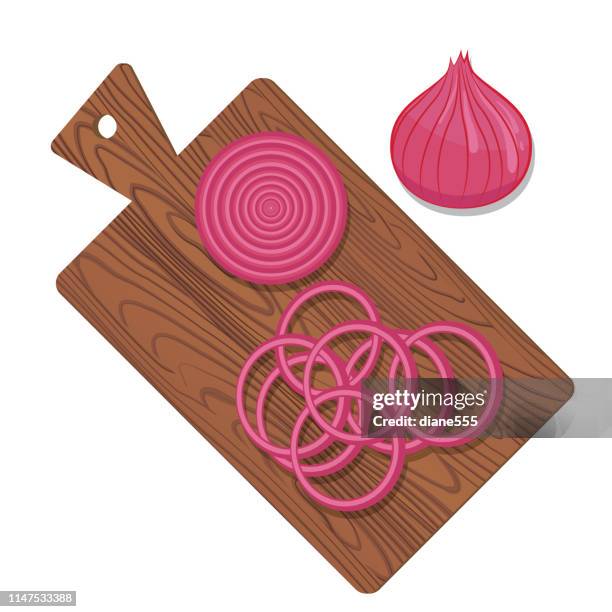 wooden cutting board with fresh red onions - cutting red onion stock illustrations