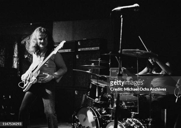 Bassist Jim Rodford and drummer Bob Henrit of English rock band Argent on stage at My Father's Place, a music venue in Roslyn, Long Island, New York...