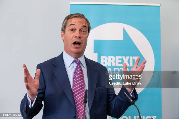 Nigel Farage addresses the media during the Brexit Party's first press conference of the European election campaign on May 07, 2019 in London,...