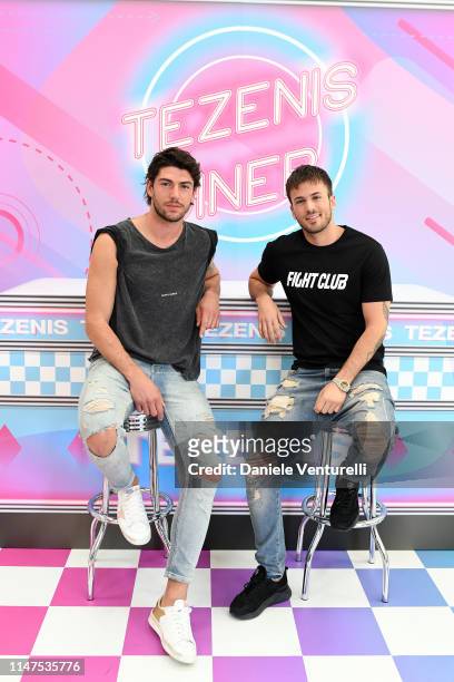 Ignazio Moser and David Carreira attend the TEZENIS Show - Drive In on May 07, 2019 in Verona, Italy.