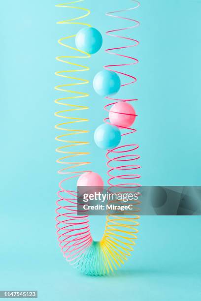 Blue and Pink Spheres Stuck in the Coil Spring