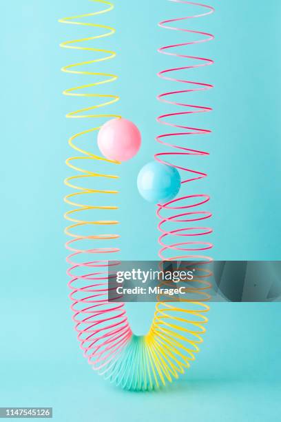 Blue and Pink Spheres Stuck in the Coil Spring