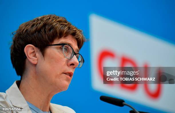 Annegret Kramp-Karrenbauer, leader of Germany's conservative CDU party, leaves after giving a short statement on June 2, 2019 to comment on the...