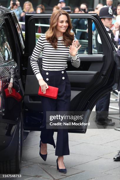 Catherine, Duchess of Cambridge arrives at the launch of The King's Cup Regatta at The Cutty Sark, Greenwich on May 07, 2019 in London, England.