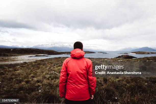 man enjoying a view of beautiful tierra del fuego landscape - argentinien island stock pictures, royalty-free photos & images