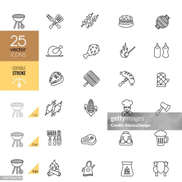 bbq line icon set. editable stroke. - t bone steak stock illustrations